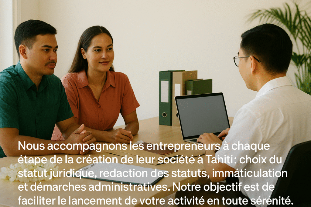 Accompagnement des entrepreneurs en Polynésie française pour la création de société à Tahiti : conseil sur le statut juridique, rédaction des statuts et démarches administratives avec BC Compta.